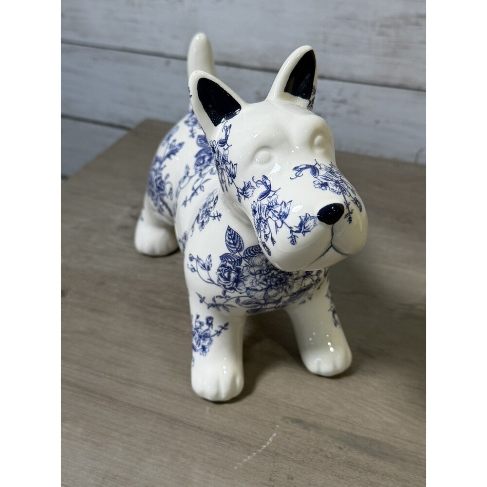 Surrey Selena Scottie Dog Terrier Figurine Blue White Floral Decor New W/O Tags